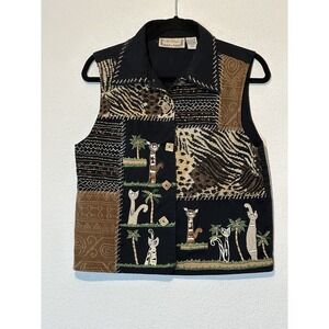Vtg Cat Lover Black Denim Button-Up Vest Shirt Top Women Large Cats Mixed Media